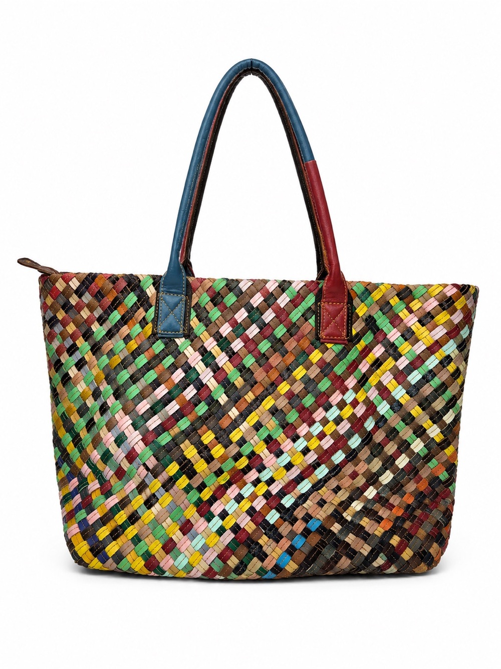 Multicolor Woven Leather Tote Bag with Blue and Red Handles